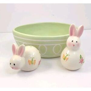Easter Salt & Pepper Shakers Ceramic Floral Pastel and Bowl